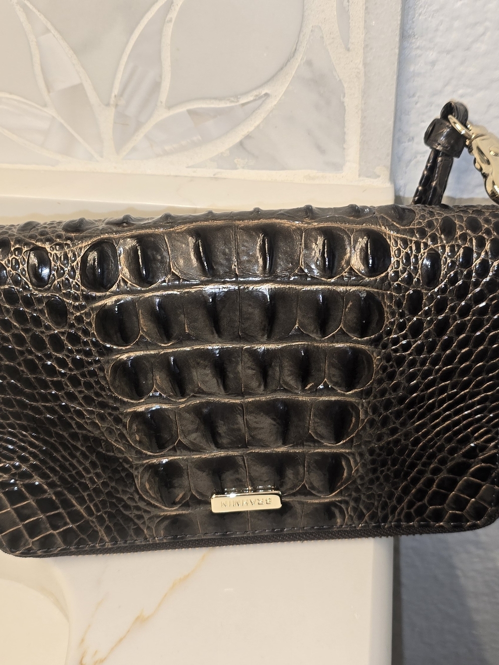 Brahmin Black Croc-Embossed Leather Wristlet with Gold Hardware